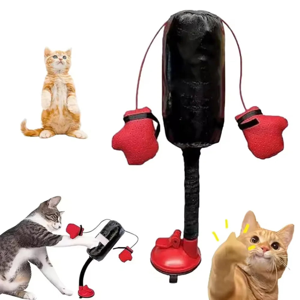 1×Paw Punch Cat Boxing Toy Cat Punching Bag with Boxing Gloves-Interactive Exercise Toy Indoor Play Durable Suction Cup Activity