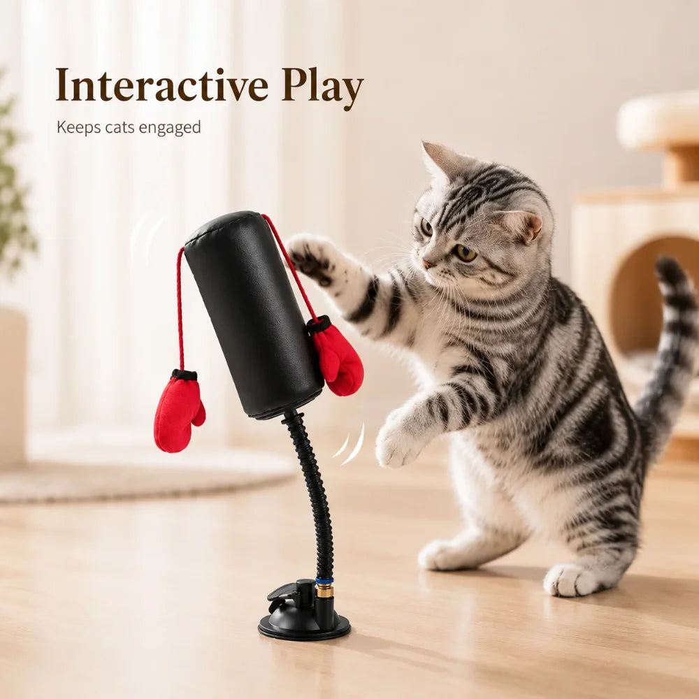 1×Paw Punch Cat Boxing Toy Cat Punching Bag with Boxing Gloves-Interactive Exercise Toy Indoor Play Durable Suction Cup Activity
